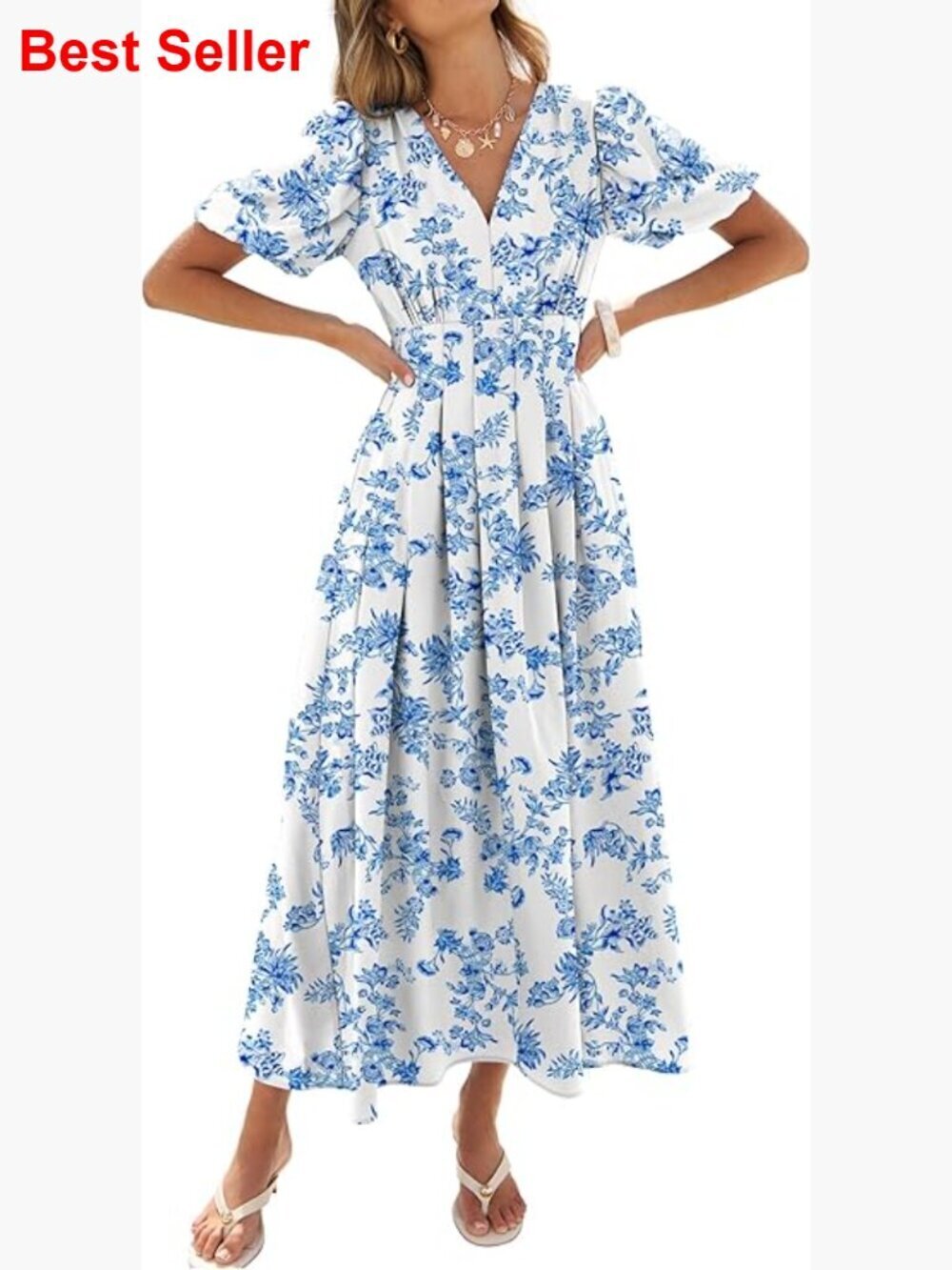 Short Puff Sleeve Maxi Dress A-Line V-Neck Formal Wedding Guest